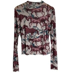 Rockin C Mesh Horse Print Top | Sheer Western Y2K Long Sleeve - Large
